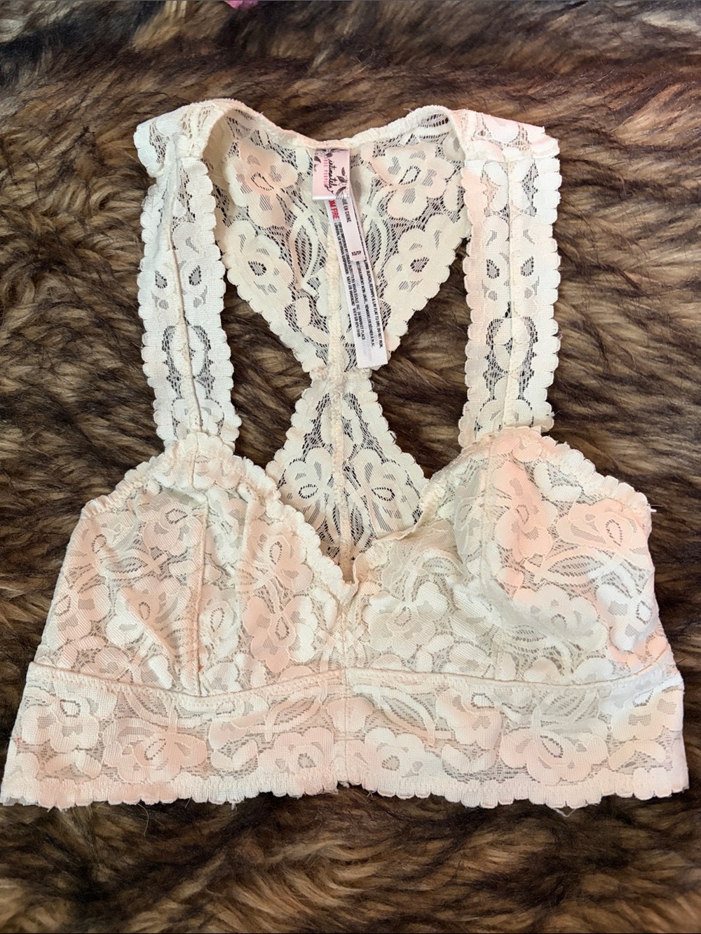Free People Lace Racer Back Bralette Crop Top XS Ivory Floral Stretch Lingerie